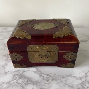Vintage Asian Rosewood Jewelry Box Brass Trim carved Jade flower‎